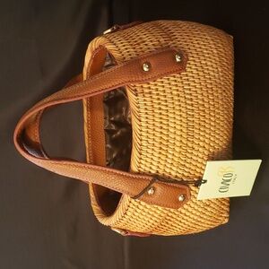 Brown and Tan Woven Satchel with Leather Trim